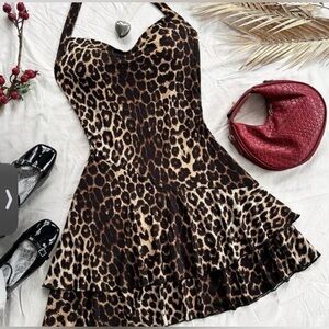 Leopard Print Halter Mini Dress - Brown